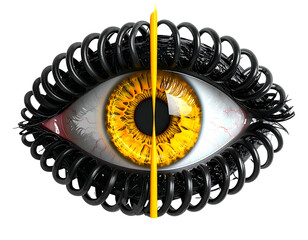 Surreal eye with gold iris, encased in wire, bisected by a bright line