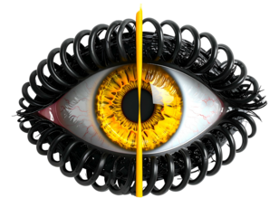 Surreal eye with gold iris, encased in wire, bisected by a bright line