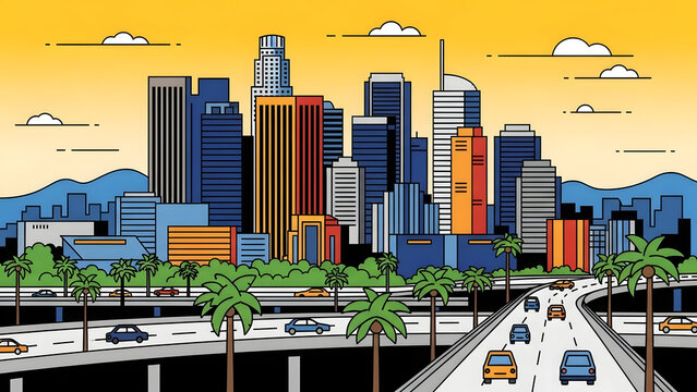 a modern Los Angeles skyline postcard featuring iconic palm tree skyscraper urban highway architecture and california travel destination aesthetic