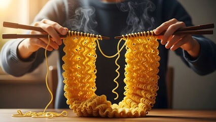 Close-up of hands using chopsticks to knit steaming ramen noodles into an intricate pattern, a creative and whimsical culinary art concept