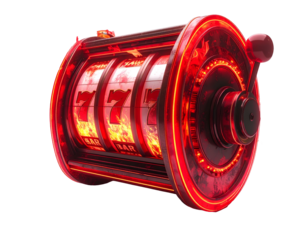A gleaming red slot machine, glowing with fire, displaying winning symbols
