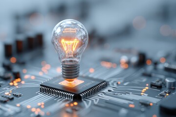 Glowing lightbulb on a circuit board representing innovation, artificial intelligence, and smart technology.