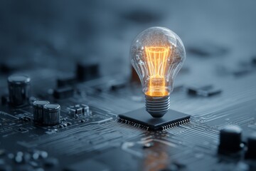 Glowing lightbulb on a circuit board representing innovation, artificial intelligence, and smart technology.