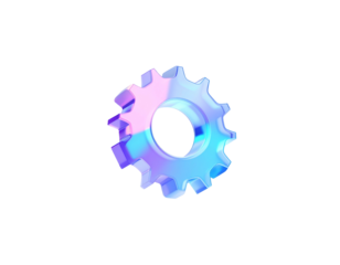 A holographic, transparent gear isolated against a stark black background