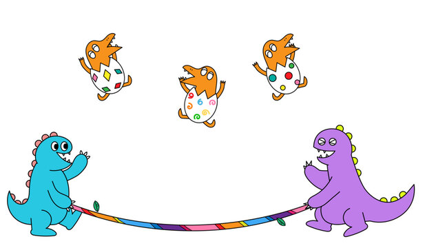 恐竜たちがなわとび遊びをして子供の恐竜が跳ねている楽しいイラスト