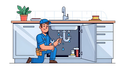 Professional plumber wearing blue uniform fixing a leaky kitchen faucet and pipe under the sink in a modern home interior for maintenance service advertisement.