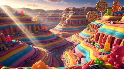 Vibrant and fantastical candy land landscape with colorful gummy bears, spiral lollipops, and layered sweet canyons under a sunny sky, a whimsical dreamworld