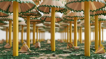 Surreal forest landscape crafted from yellow pencils and green pencil shavings, creating a whimsical miniature woodland scene with scattered artistic debris