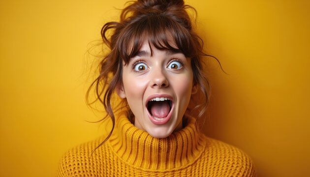 Surprised young woman with wide eyes and open mouth. Girl wears yellow turtleneck sweater, messy bun hairstyle. Expression of shock and amazement, plain yellow background.