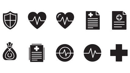 Professional healthcare and medical insurance icon collection featuring heart rate pulse and clinical documentation symbols for hospital business management services.