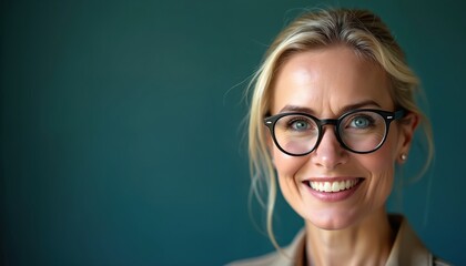 Blonde woman with round glasses smiles confidently. She has blue eyes and her hair is tied in a bun. Studio portrait with dark background. Professional appearance and friendly vibe. She looks smart.