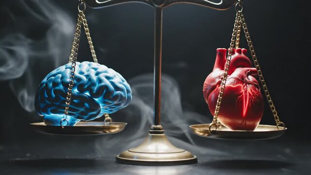 Cinematic slow motion visual of an anatomical human brain and heart balanced perfectly on a golden scale representing the internal conflict between logic reason and emotional feeling in decision