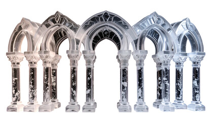 Transparent archways with intricate details and a cool, gradient lighting scheme