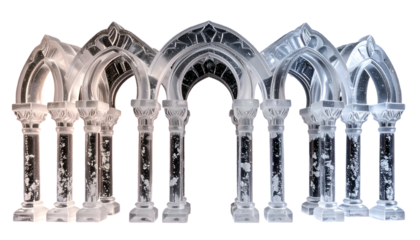 Transparent archways with intricate details and a cool, gradient lighting scheme