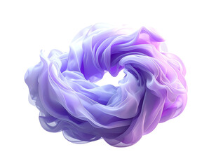 An ethereal purple and white swirling fabric sculpture on a black background