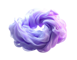 An ethereal purple and white swirling fabric sculpture on a black background