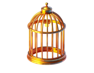 Gleaming golden cage, intricately designed against a stark black background