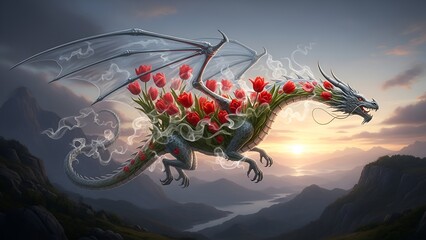Enchanting Dragon Adorned with Blooming Red Tulips Soaring Through a Sunset Sky.