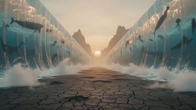 Parting of the red sea concept with whales and jellyfish in high water walls. Bible story for religious illustration or spirituality art.
