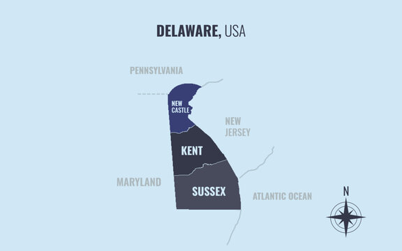 A map showing DE Delaware USPS into County in a minimalist colorful style