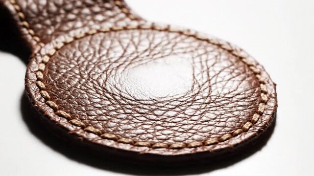 Cinematic slow motion footage of a blank round brown leather label tag isolated on a clean white background, empty natural material circular patch for branding mockups or fashion apparel design.