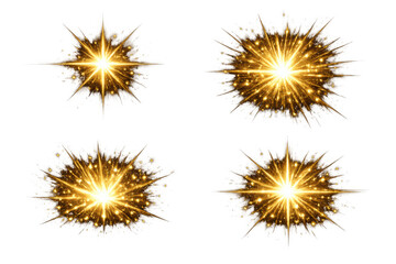Golden light explosion set with glittering particles and radial starburst effect, isolated on transparent background