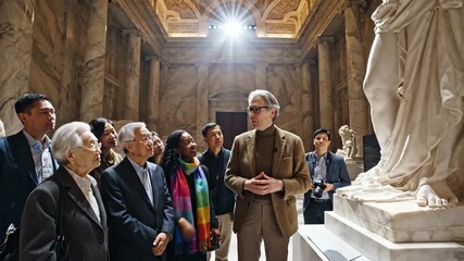 Group of visitors engaged in an art tour, admiring a statue in a museum