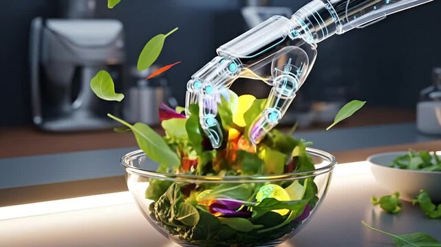 Robotic Culinary Creation: A futuristic robotic hand delicately prepares a fresh salad in a modern kitchen. Capturing the seamless integration of technology and cuisine. 