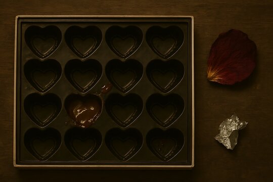 The final heart: a nearly empty box of chocolates with a last sweet memory