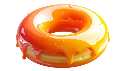 A glossy, glazed donut with orange frosting, dripping onto the base