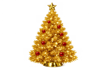 Golden christmas tree decorated with red baubles, glowing lights, and a star topper, celebrating holidays on transparent background