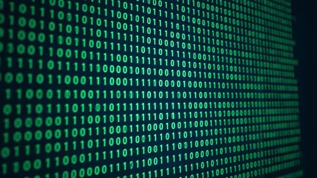 Glowing green binary code matrix cascades across a dark surface in a diagonal perspective