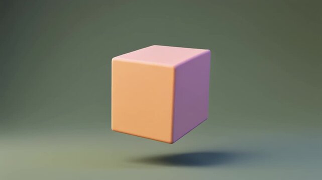 A 3D cube floats in a serene environment with soft lighting and a subtle shadow