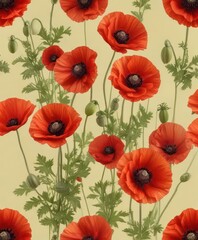 Obraz premium A cluster of red poppies in various stages of bloom against a pale yellow background , , poppy