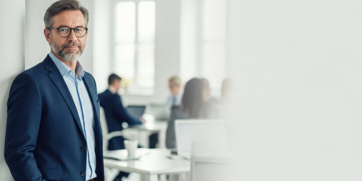 Successful success mature businessman man confidence looking portrait entrepreneur office business office, confident male leader standing bright workplace with colleagues working background