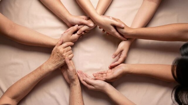 Top view of diverse hands of women joining in a circle symbolizing unity and support, dolly out camera