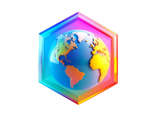 Vivid Earth globe icon inside a colorful, transparent hexagonal frame