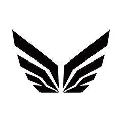 Abstract black symmetrical wing design on a white background, resembling a stylized bird or emblem, with sharp geometric lines.