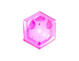 A glowing, pink hexagonal jewel with internal liquid droplets against black