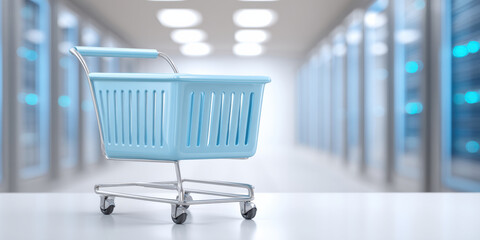 Light blue shopping cart e commerce concept modern data center aisle conveying digital retail