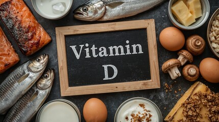 a small black chalkboard with vitamin d written on it and surrounded by food ingredients such as mushrooms, eggs, milk, cheese and fish