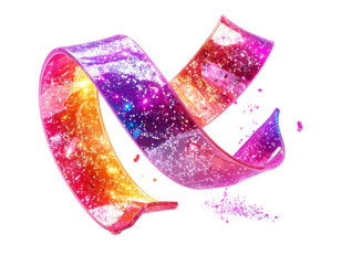 Colorful ribbon swirls in a gradient with sparkles and a dark backdrop