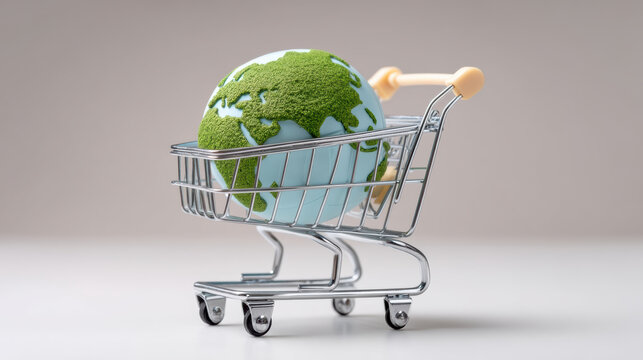 Sustainable e commerce shopping concept globe in cart conveys eco friendly consumer choice