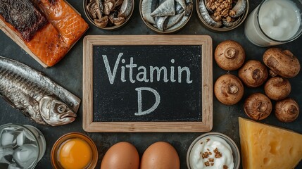 a small black chalkboard with vitamin d written on it and surrounded by food ingredients such as mushrooms, eggs, milk, cheese and fish