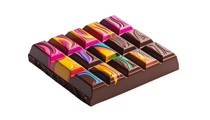 A vibrant chocolate bar with diverse, swirled colorful toppings