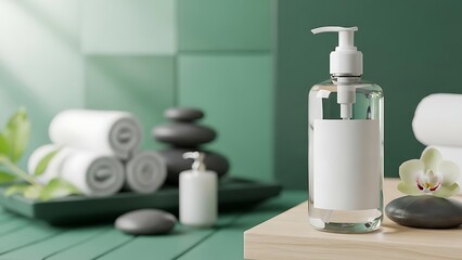 A serene bathroom scene with a lotion bottle mockup on a wooden table surrounded by spa elements