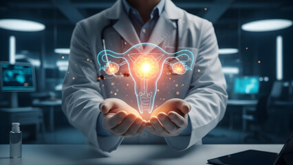 Doctor showing uterus hologram with glowing red ovaries spots indicating inflammation or cyst for gynecology pathology concept