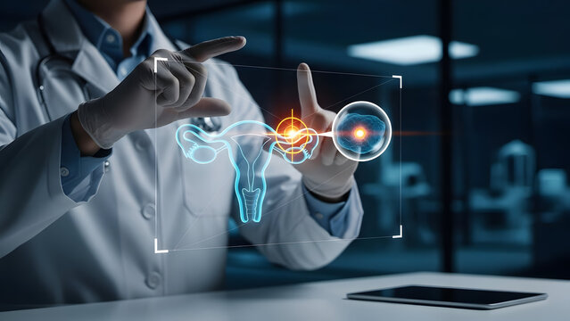 Doctor analyzing ovarian pathology on virtual uterus interface with magnifying focus for precision gynecology diagnosis concept