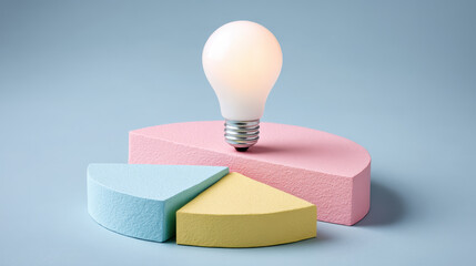 Creative e commerce concept with pastel pie chart and glowing light bulb inspiring innovation