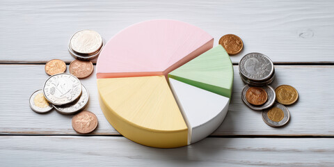 Colorful pie chart wooden table with coins representing e commerce finance and budgeting insight